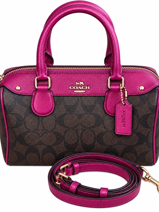 Coach Handbags - Coach Mini Bennet Brown Signature Satchel with Fuchsia Trim